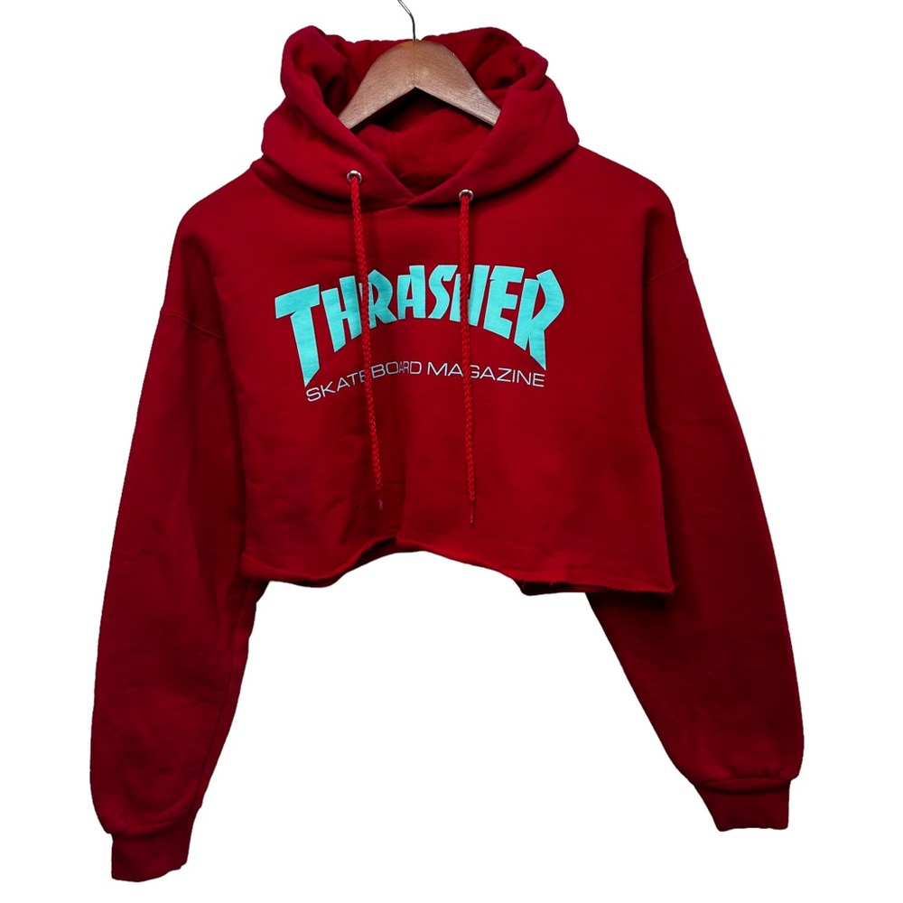 THRASHER Skateboard Magazine Red Crop Sweatshirt Hoodie Size Small Streetwear - Picture 2 of 13